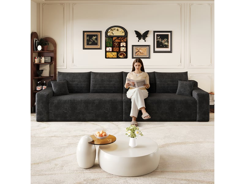  Canapé droit modulaire 302 cm sans structure ni montage, canapé-lit en mousse et velours côtelé doux, style moderne minimaliste pour salon, noir OPULERANE TRADING LTD - Conforama B
