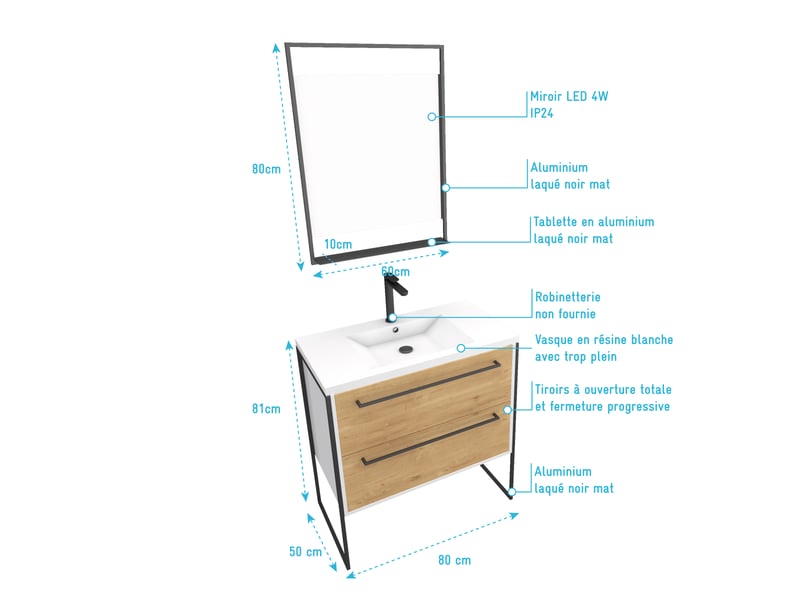 Pack meuble de salle de bain 80x50 cm blanc - 2 tiroirs blanc - vasque blanche - miroir à led - Conforama C