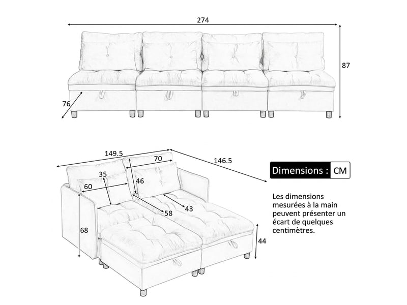  Canapé modulable 4 places avec rangement et fonction convertible gris antique  - Conforama E