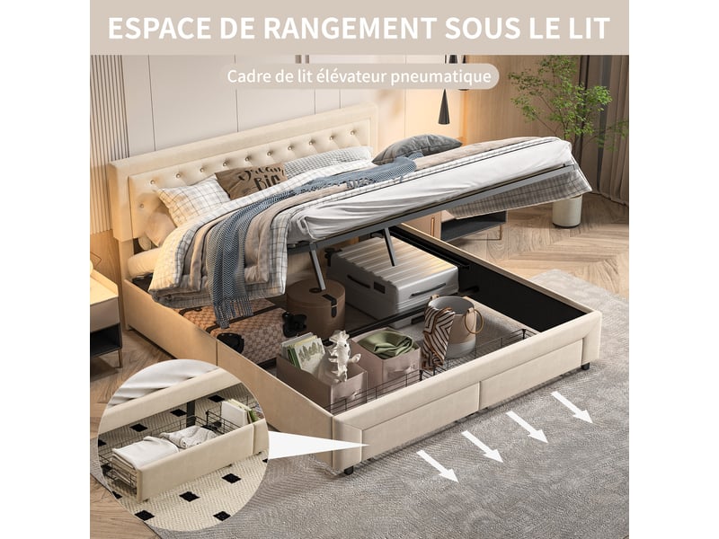  Lit double coffre 160x200, rangement hydraulique sous le lit, 2 tiroirs au pied, sommier à lattes, tissu velours, beige  - Conforama E