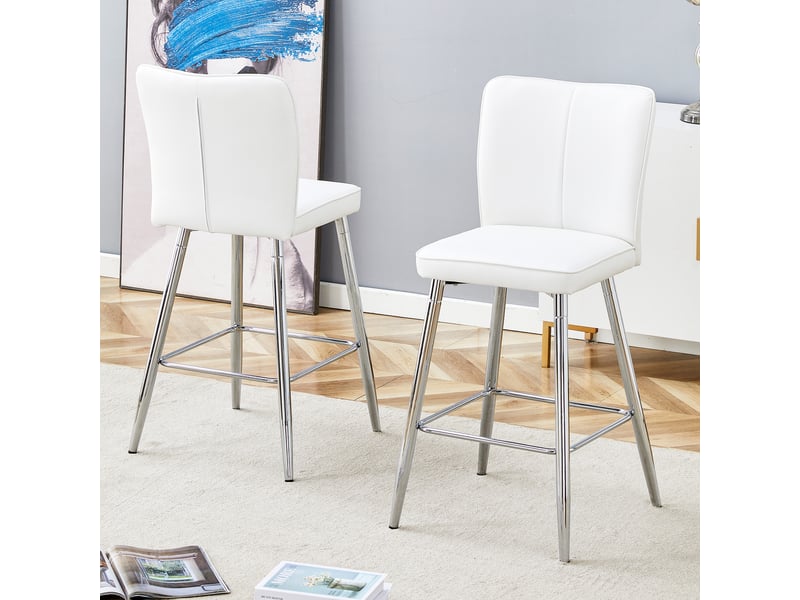 Lot de 2 chaises de bar 44x44x101cm avec dossier, assise mousse 6,6 cm, pieds métal argenté, revêtement pu blanc - Conforama B