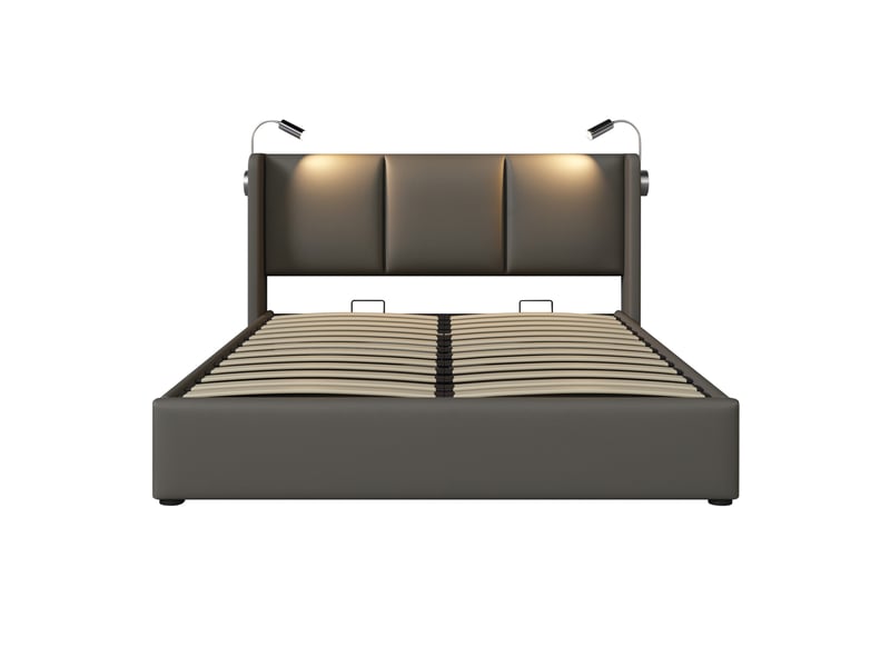 Elvmi lit coffre capitonné 160x200 cm en pu gris avec tête de lit, liseuse orientable, fonction de charge usb, sommier relevable à lattes en bois massif, structure métal, grand espace de rangement, design moderne pour chambre ad… - Conforama E