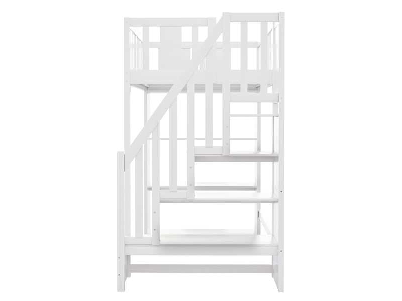 Lit mezzanine enfant 90x200 cm – blanc – escalier de rangement, 3 niches intégrées, 15 lattes - sans matelas - Conforama D
