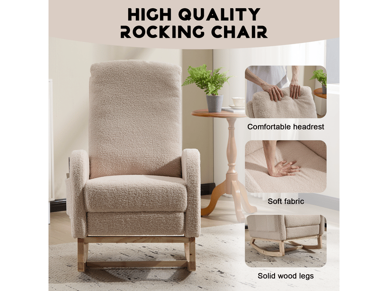 Fauteuil à bascule ergonomique beige, en polaire douce et confortable, avec dossier haut, base en bois incurvée - Conforama D