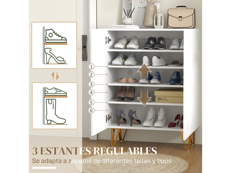  Meuble à chaussures avec étagères réglables et charnières à fermeture douce, pour 15 à 20 paires de chaussures, 72 x 31,5 x 95 cm, blanc  - Conforama E