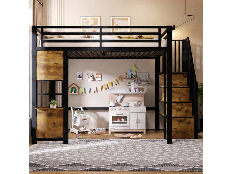  Lit mezzanine 140x200 cm, lit enfant, rangement, échelle sécurisée, barrière antichute, bois et métal noir  - Conforama E