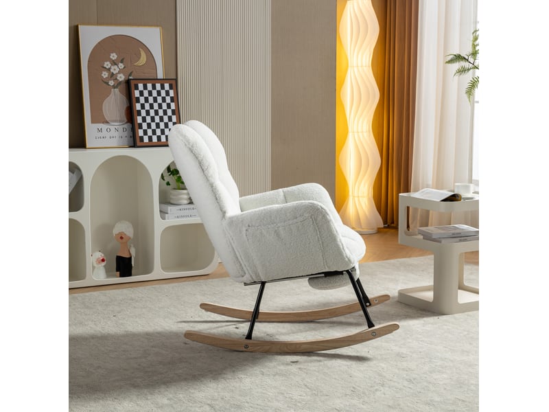  Fauteuil à bascule avec repose-pieds pliable et dossier haut ergonomique, en tissu bouclette blanc, 80 × 98 × 98,5 cm  - Conforama C