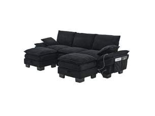 Canapé modulable 3 places en velours côtelé noir avec 2 poufs, port usb-c et poches latérales