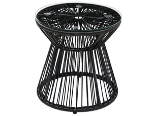 Table de jardin bistrot ronde avec plateau en verre trempé, métal et rotin pe noir, pour jardin et balcon, 40 × 40 × 42 cm