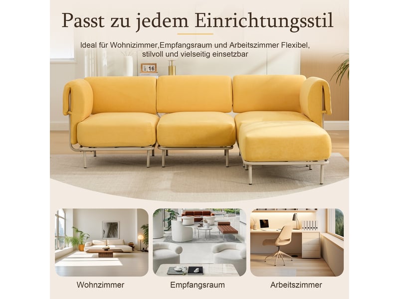 Canapé d'angle modulable 3 places en tissu chenille mangue, avec pouf, 251×155×78 cm, design nordique - Conforama R
