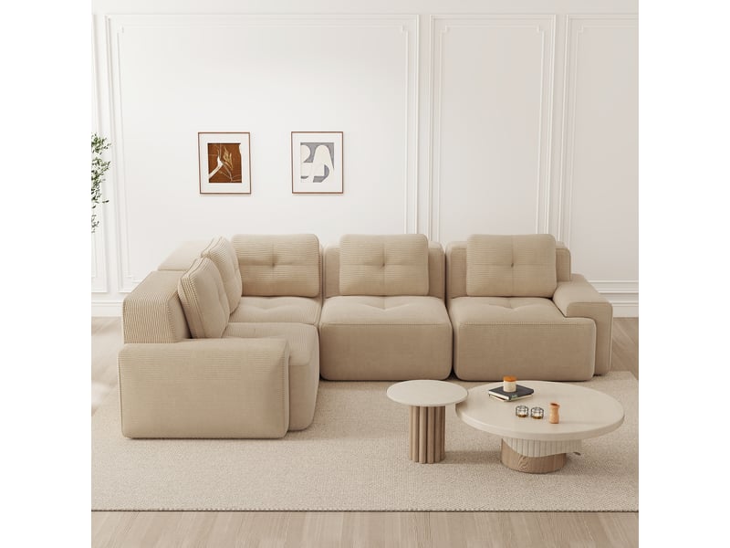  Canapé d'angle modulable avec assise basse, accoudoirs larges et base antidérapante en velours côtelé beige  - Conforama C