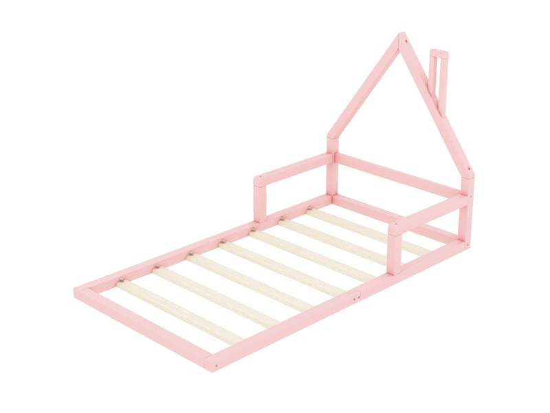  Lit cabane enfant 90x200 cm rose en pin et mdf, sommier à lattes  - Conforama E