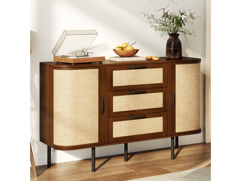  Buffet avec 2 portes et 3 tiroirs, meuble de rangement en mdf, façades effet cannage, tablettes réglables, pieds métal noir - noyer  - Conforama B