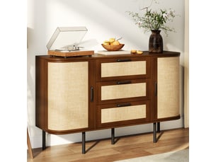 Buffet avec 2 portes et 3 tiroirs, meuble de rangement en mdf, façades effet cannage, tablettes réglables, pieds métal noir - noyer
