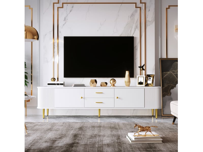  Meuble télévision 170x34x45 cm, bords arrondis, côtés ondulés, 2 tiroirs, 2 portes, espace de rangement, en mdf blanc  - Conforama D