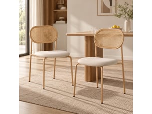 Lot de 2 chaises de salle à manger, design bohème pour cuisine salon, dossier rotin naturel, assise rembourrée, naturel