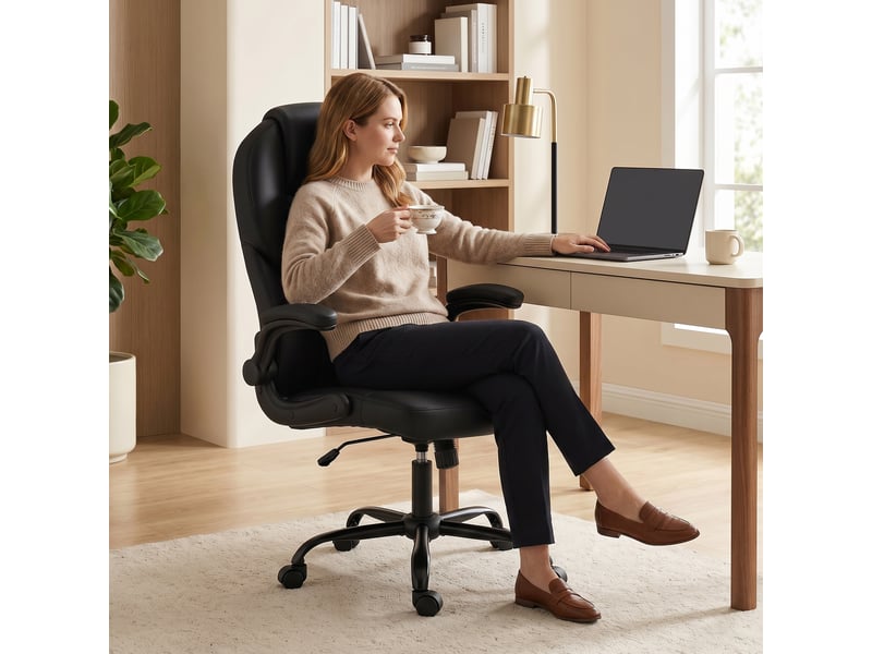  Fauteuil de bureau pivotant, fonction bascule, accoudoirs rabattables, dossier haut, hauteur réglable, noir  - Conforama C