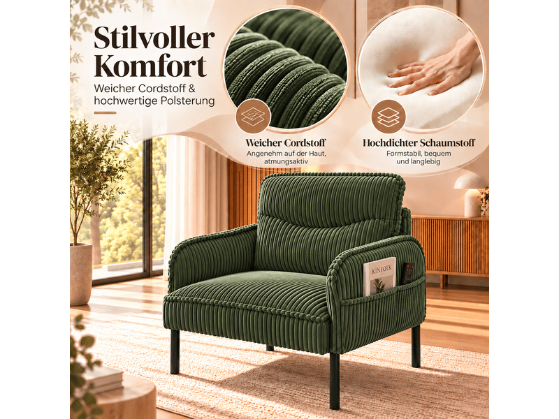  Fauteuil de salon - fauteuil 1 place en velours tricoté avec accoudoirs et poches latérales, 69 x 73 x 83 cm, vert  - Conforama C