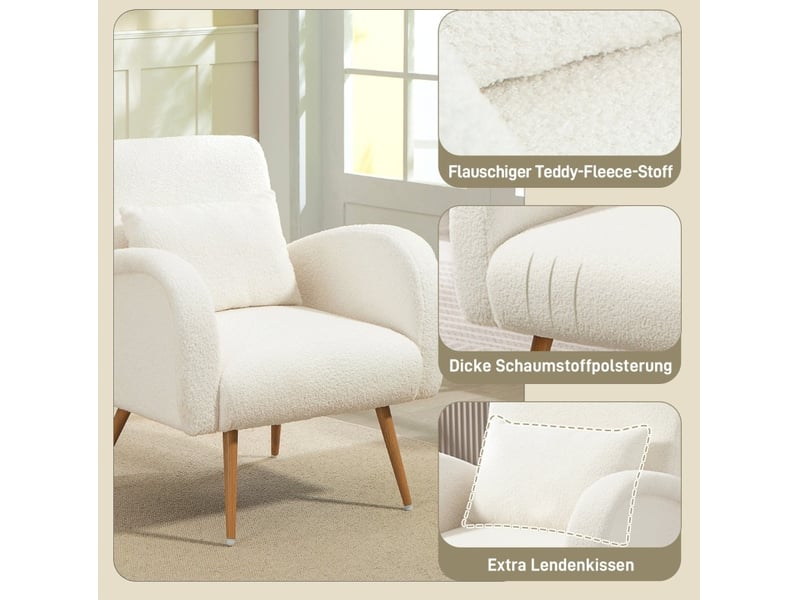  Fauteuil 77x77x83 cm, assise en mousse haute élasticité, structure métal, design moderne, canapé 1 place, couleur blanc  - Conforama D