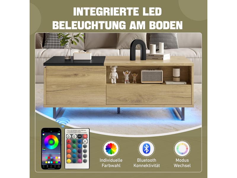Table basse, à plateau relevable, avec éclairage led, avec 1 tiroir, 106,5 x 50 x h 27,5 cm, noir et bois, rangement pratique, style moderne Luxe haut de gamme - Conforama D