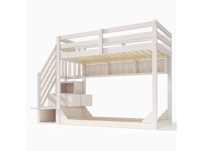  Lit superposé 90x200 cm avec escalier rangement et sommier à lattes, sans matelas  - Conforama W