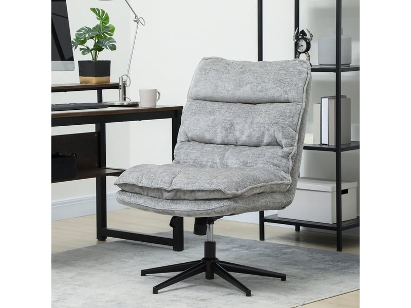  Chaise de bureau pivotante sans accoudoirs, revêtue d'un tissu doux, réglable en hauteur, pieds en acier, grise.  - Conforama C