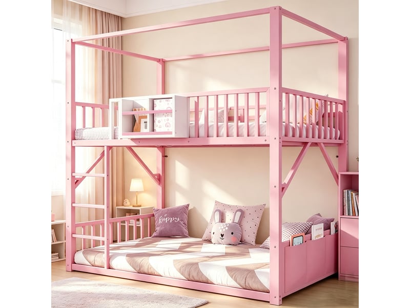 Lit superposé métal 90x200 cm pour enfant et ado, structure simple gain de place avec toit, lit superposé moderne rose - Conforama E