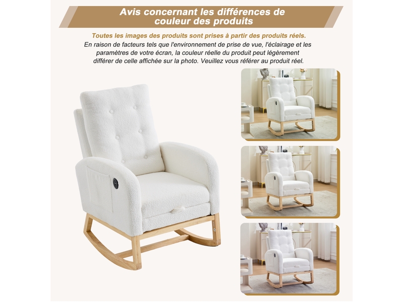  Fauteuil à bascule bouclette blanc avec repose-pieds et port usb, structure en bois massif, 66,5x121,5x102 cm  - Conforama W