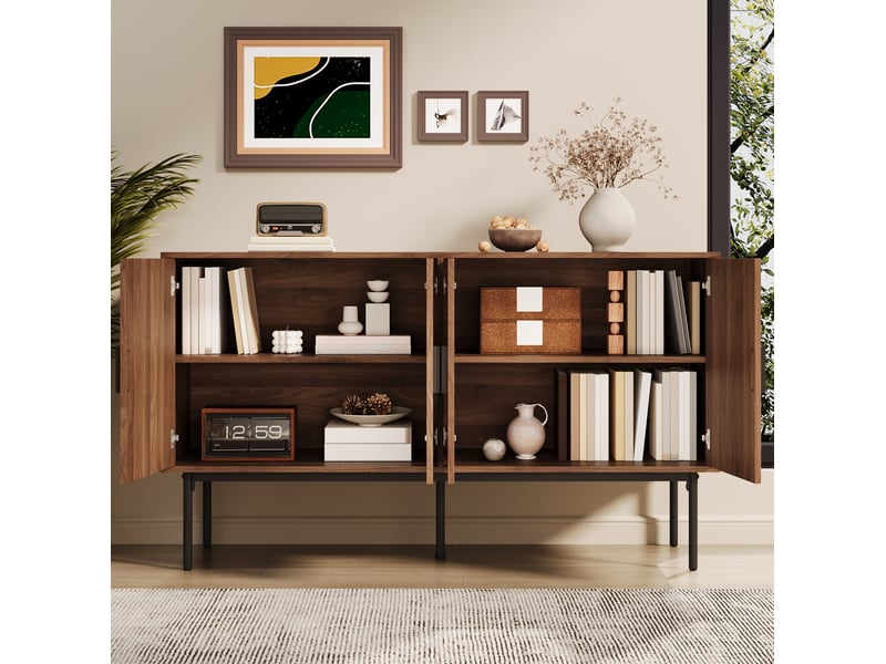  Buffet 4 portes avec rangement, rotin naturel et mdf, 140 x 40 x 80 cm evryae  - Conforama C