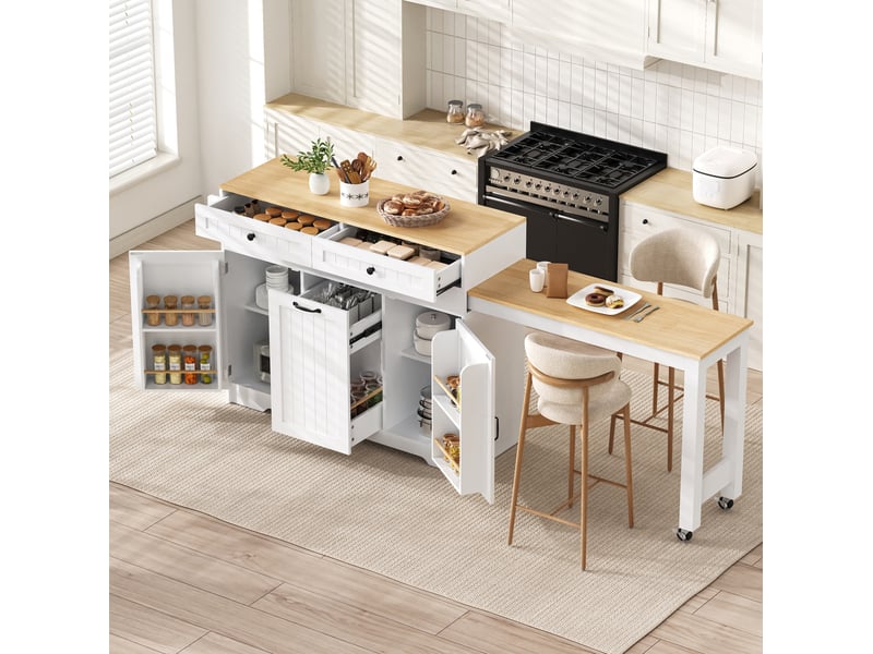 Desserte de cuisine avec table extensible, 2 tiroirs, 2 portes et rangement pour poubelle, en mdf blanc et naturel - Conforama B