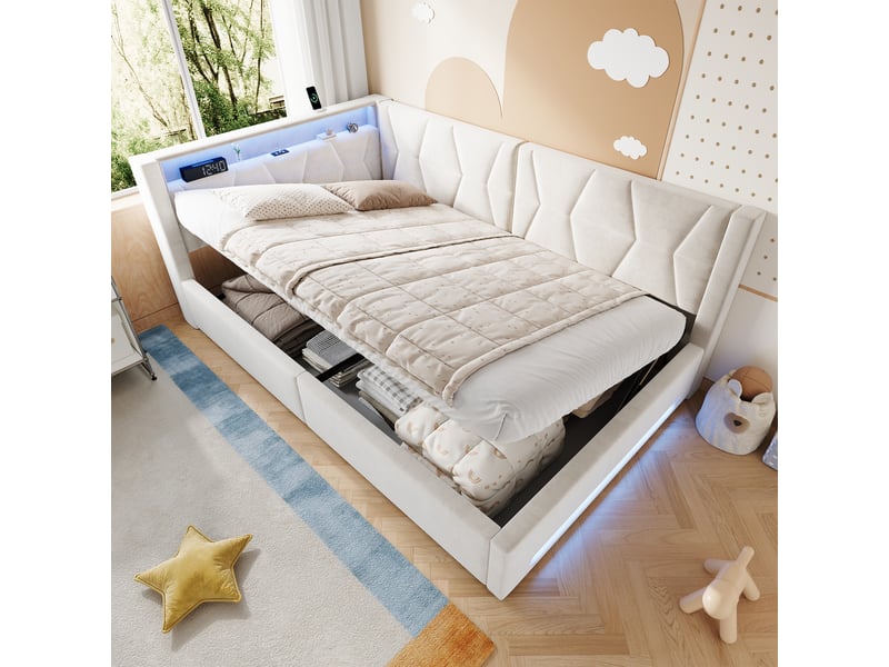  Lit banquette hydraulique 140x200 cm, led, usb-c, lit coffre rembourré, lit simple, éclairage tête et pied, velours, beige Seren Glow - Conforama B