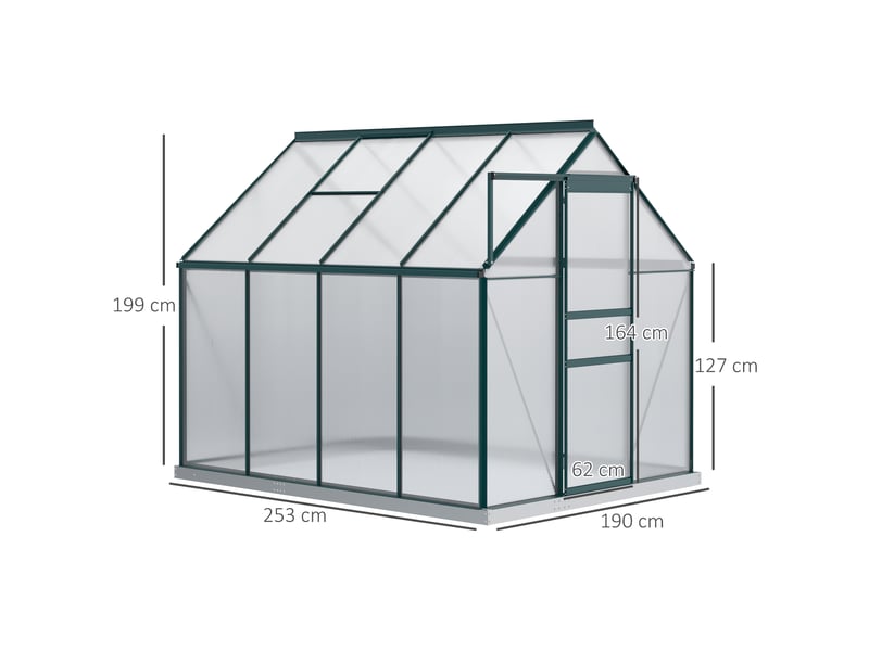  Serre de jardin en polycarbonate, métal et aluminium, anti-uv et coupe-vent, 190 x 253 x 199 cm, verte  - Conforama E