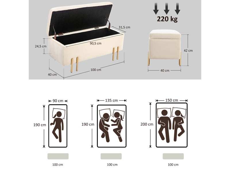 Banc de rangement coffre de rangement design contemporain - espace de rangement velours beige métal piètement doré - Conforama C