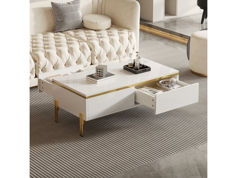  Table basse 100x50x36 cm avec 2 tiroirs sur deux côtés, pieds en métal et panneaux de particules brillants, blanc et doré ABC - Conforama D