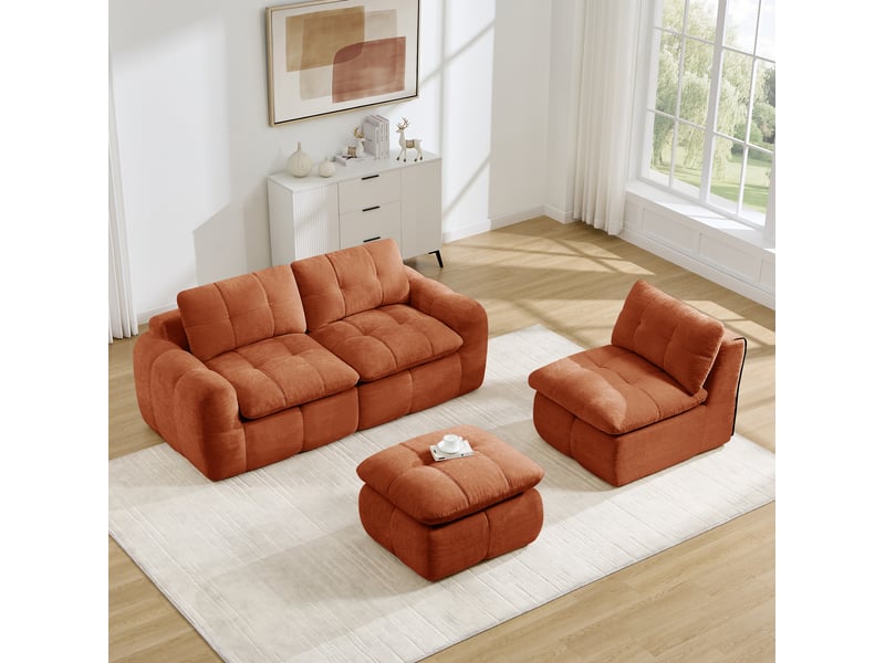  Canapé d'angle modulaire 3 places sans cadre avec pouf, mousse haute densité 32d, en chenille orange  - Conforama B