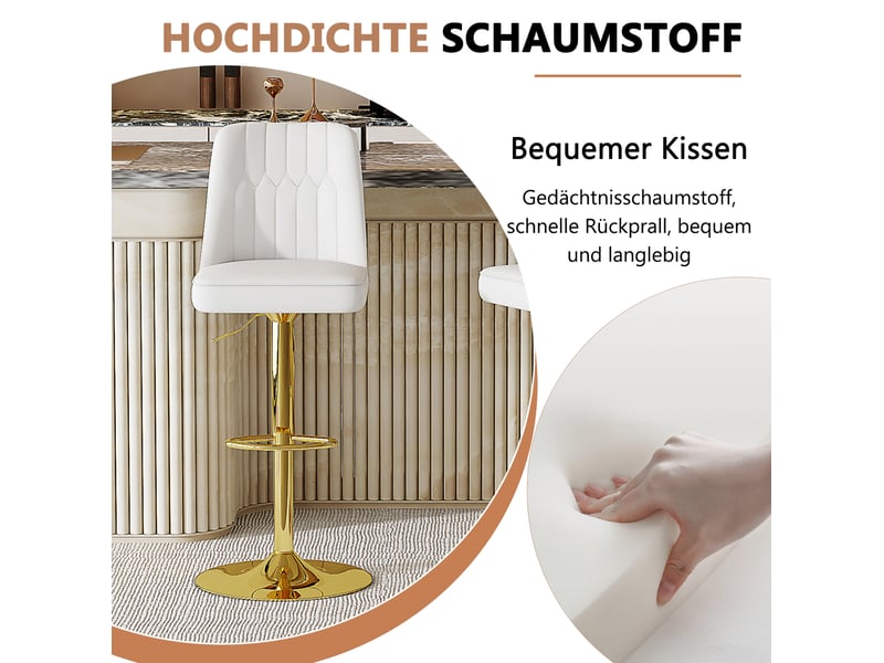Tabouret de bar lot de 2 pivotant 360° à hauteur réglable avec dossier capitonné en simili cuir blanc et métal doré - Conforama E
