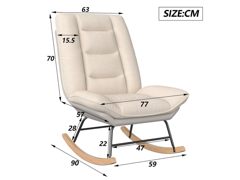 Fauteuil à bascule - 59 x 90 x 70 cm - beige et gris - dossier inclinable 5 positions avec tissu lin et similicuir - Conforama B