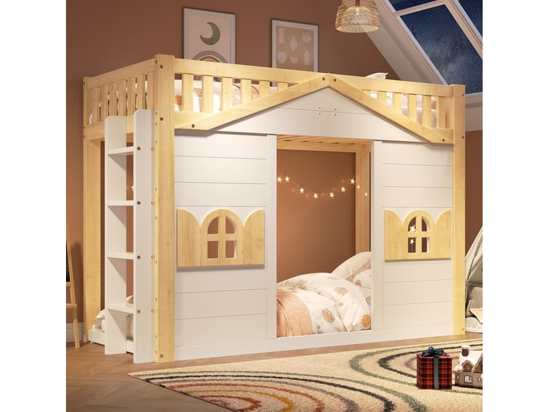  Lit superposé 90x200 cm, espace bas pour dormir ou jouer, échelle modulable, en bois, blanc et naturel, sans matelas  - Conforama B