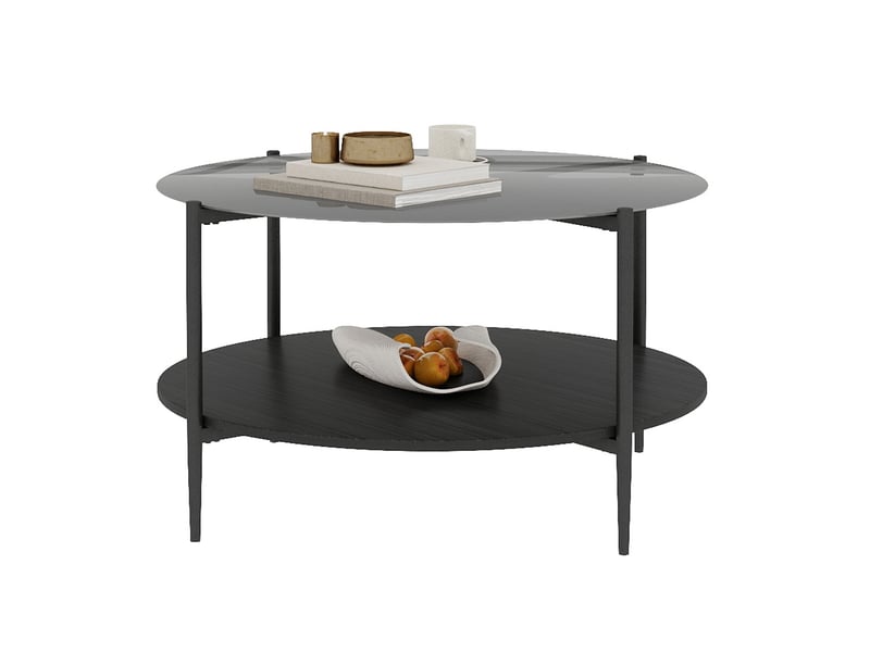  Table basse ronde à 2 niveaux – verre trempé fumé noir et bois – ø 82 x h 45 cm  - Conforama A