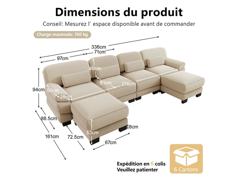  Canapé panoramique modulable 336 cm 4 places avec 2 poufs, design carré épuré, base et accoudoirs à matelassage en canaux, velours côtelé, beige  - Conforama D