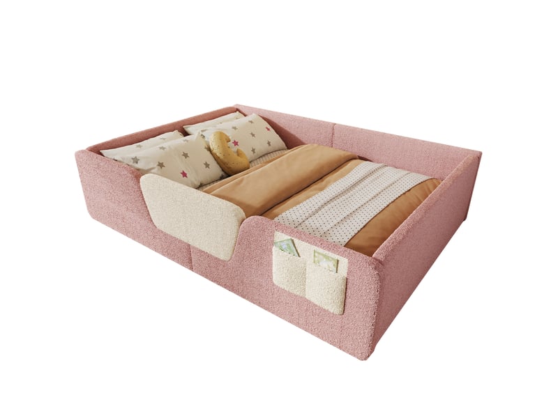 Lit 2 places enfant rembourré 140x190 cm en velours rose avec barrières amovibles - Conforama A