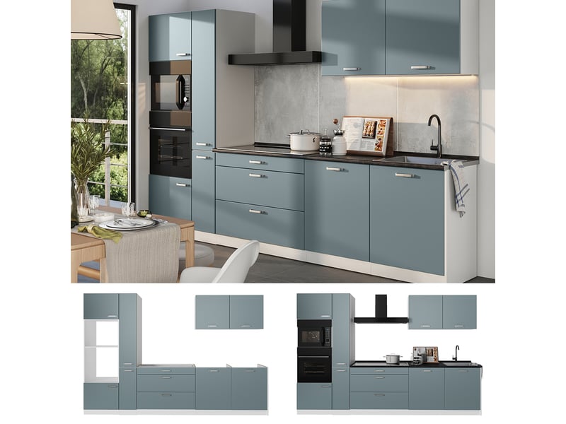  Vicco cuisine, bleu-grisblanc, 310cm plan de travail chêne doré  - Conforama D