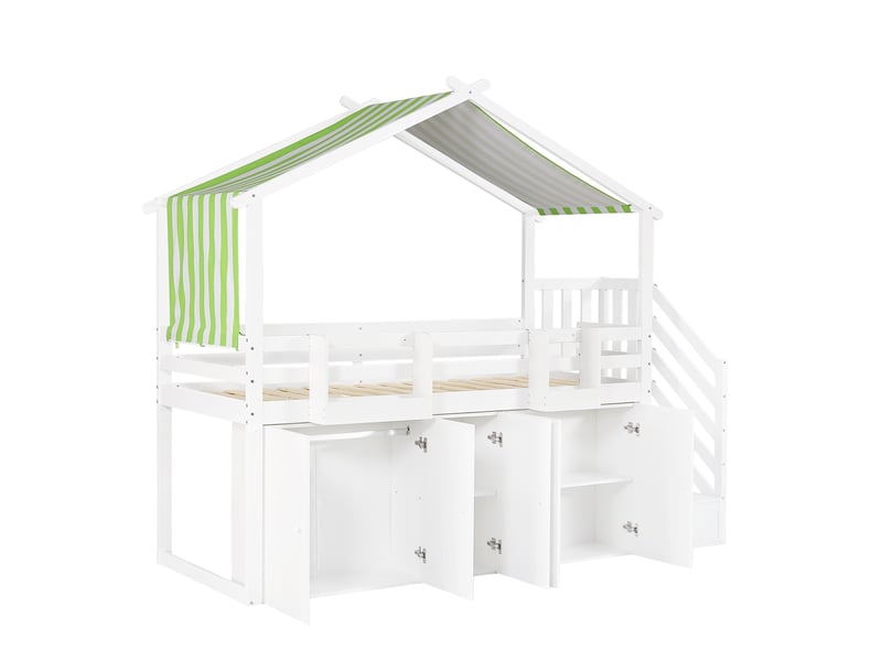 Lit mezzanine 90x200 cm, lit enfant avec armoire de rangement, escalier à tiroirs, en bois massif et mdf, blanc - Conforama D