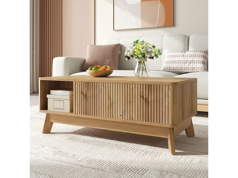  Table basse 95x48x50 cm à plateau relevable, rangement et niche ouverte en mdf coloris naturel  - Conforama D