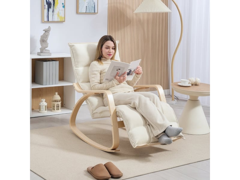  Fauteuil à bascule blanc crème, fauteuil de relaxation aspect lin avec repose-pieds réglable, cadre en bois, 67x106-123x92 cm  - Conforama B