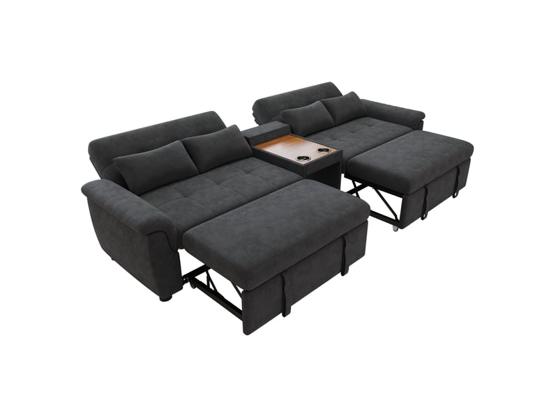 Canapé convertible 284x138x89 cm, deux porte-gobelets, dossier 3 positions, double couchage, chenille, gris foncé - Conforama A