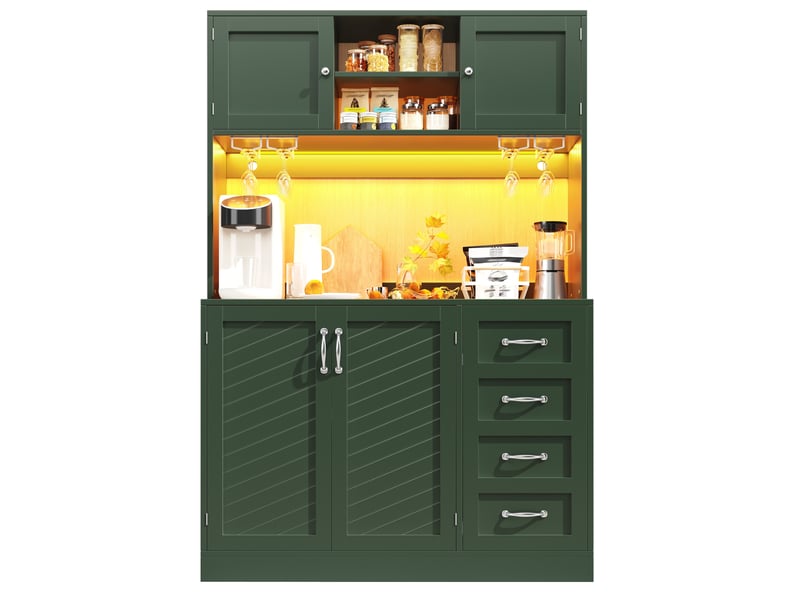  Buffet de cuisine led avec 4 portes, 2 grands tiroirs et porte-boissons, pour séjour, en mdf vert, 120 × 40 × 188 cm  - Conforama A