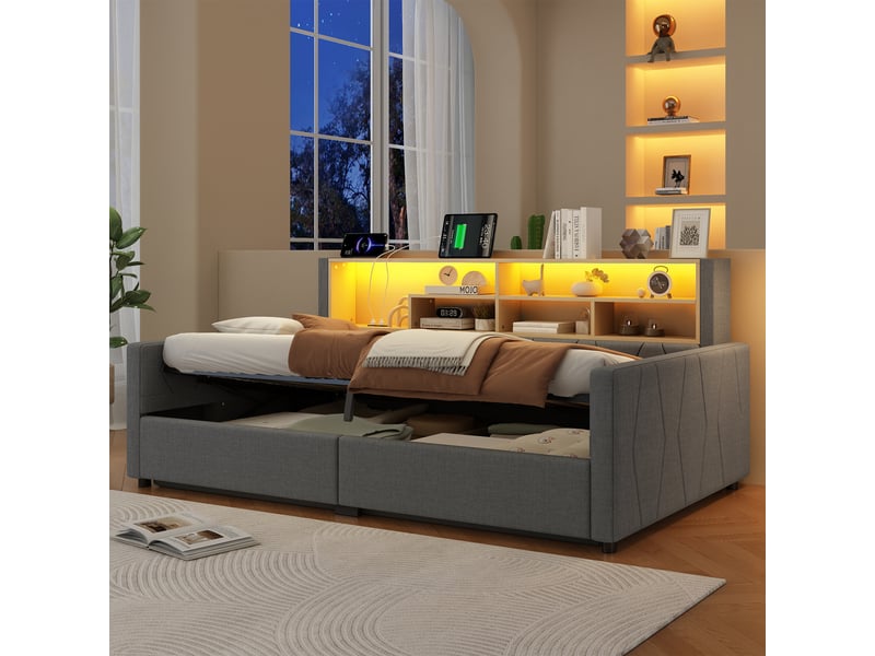 Canapé-lit coffre 90 x 200 cm - avec prise électrique - avec port usb - avec bande lumineuse led - beige (matelas non inclus) - Conforama D