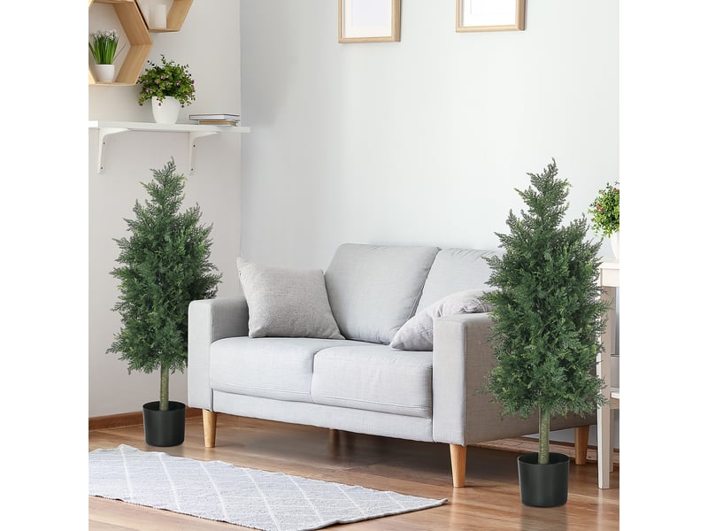  Lot de 2 cèdres artificiels en pots en plastique pp, plantes artificielles en acier et ciment avec feuilles en pe, 38 x 12,5 x 90 cm, vert  - Conforama D