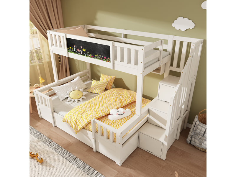  Lit superposé pour 3 enfants 90x200 et 140x200 en bois massif blanc avec tableau à craie et escalier de rangement  - Conforama W